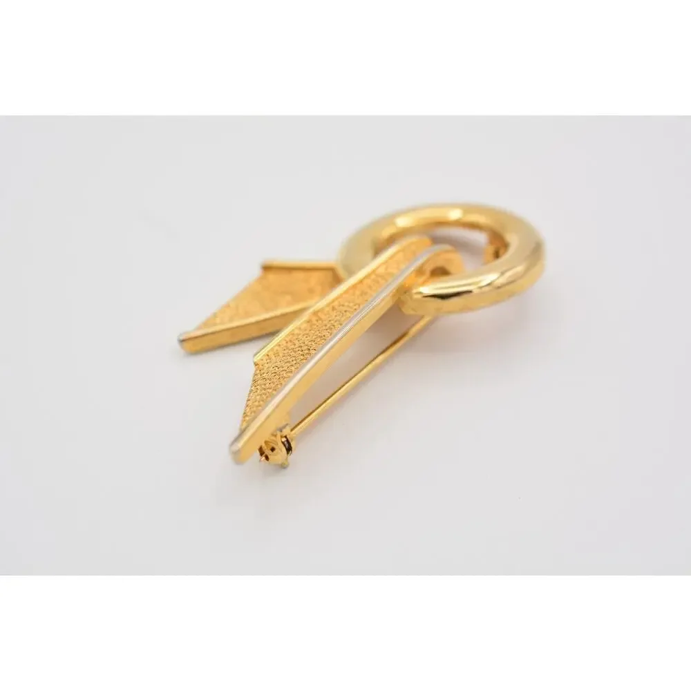 Vintage Abstract Pin Brooch Round Bow Textured Gold Tone 1980s BinAT